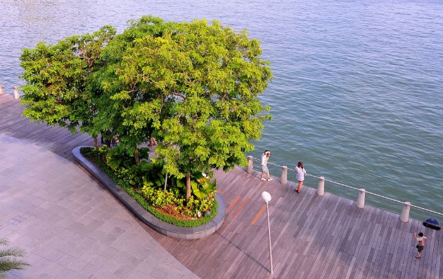 Vivocity in Singapur: Aussichtsplattform mit Pflanzen am Ufer
